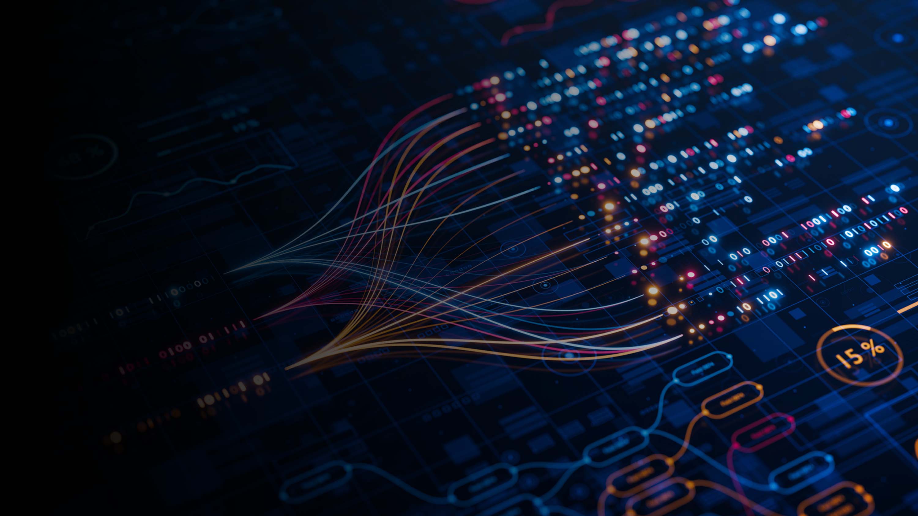 Glowing technical images, data and analytics.