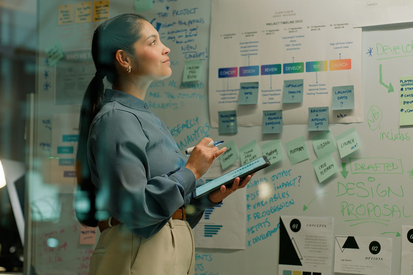 Woman looking at white board