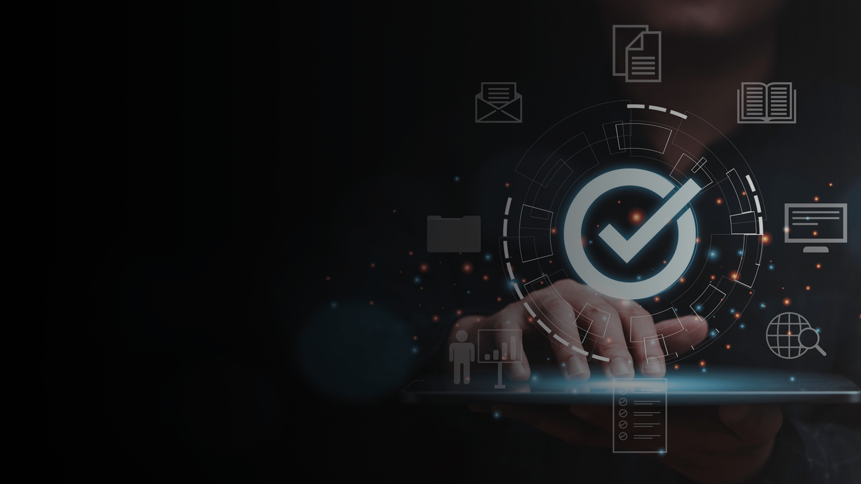 Checkmark and digital icons hovering over a tablet.