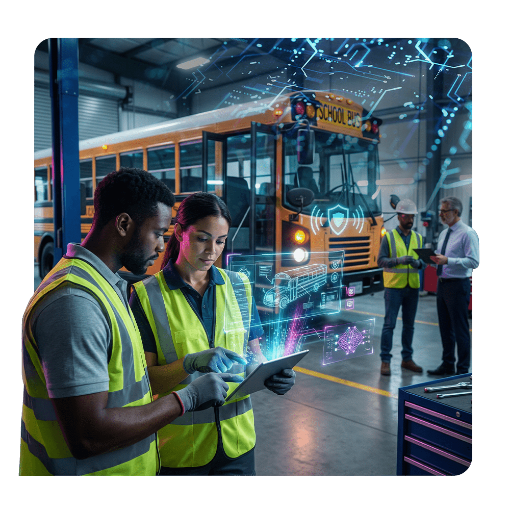 Automotive manufacturing workers using AI.