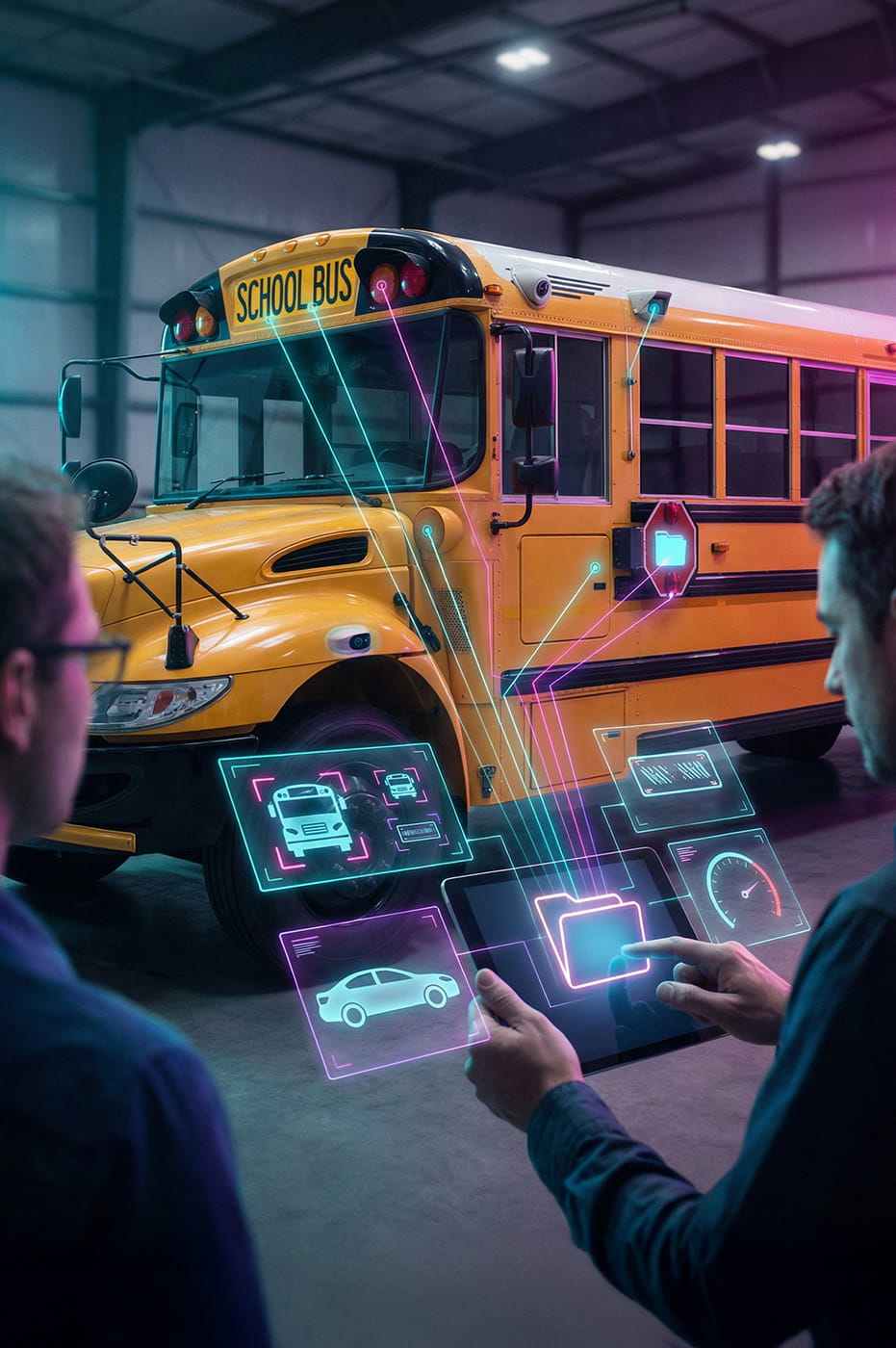 A school bus being examined using AI.