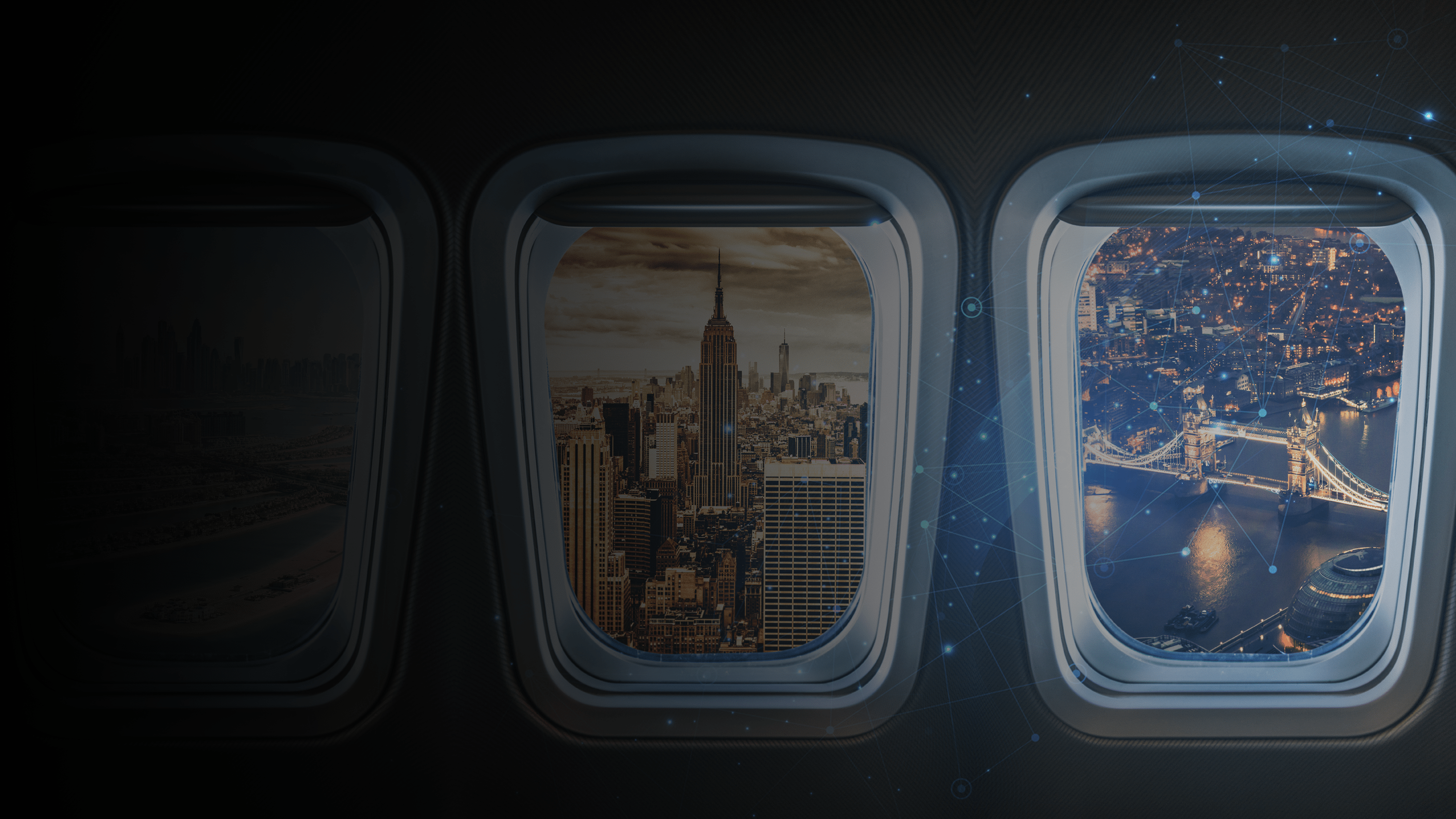 Airplane windows showing popular vacation destinations.