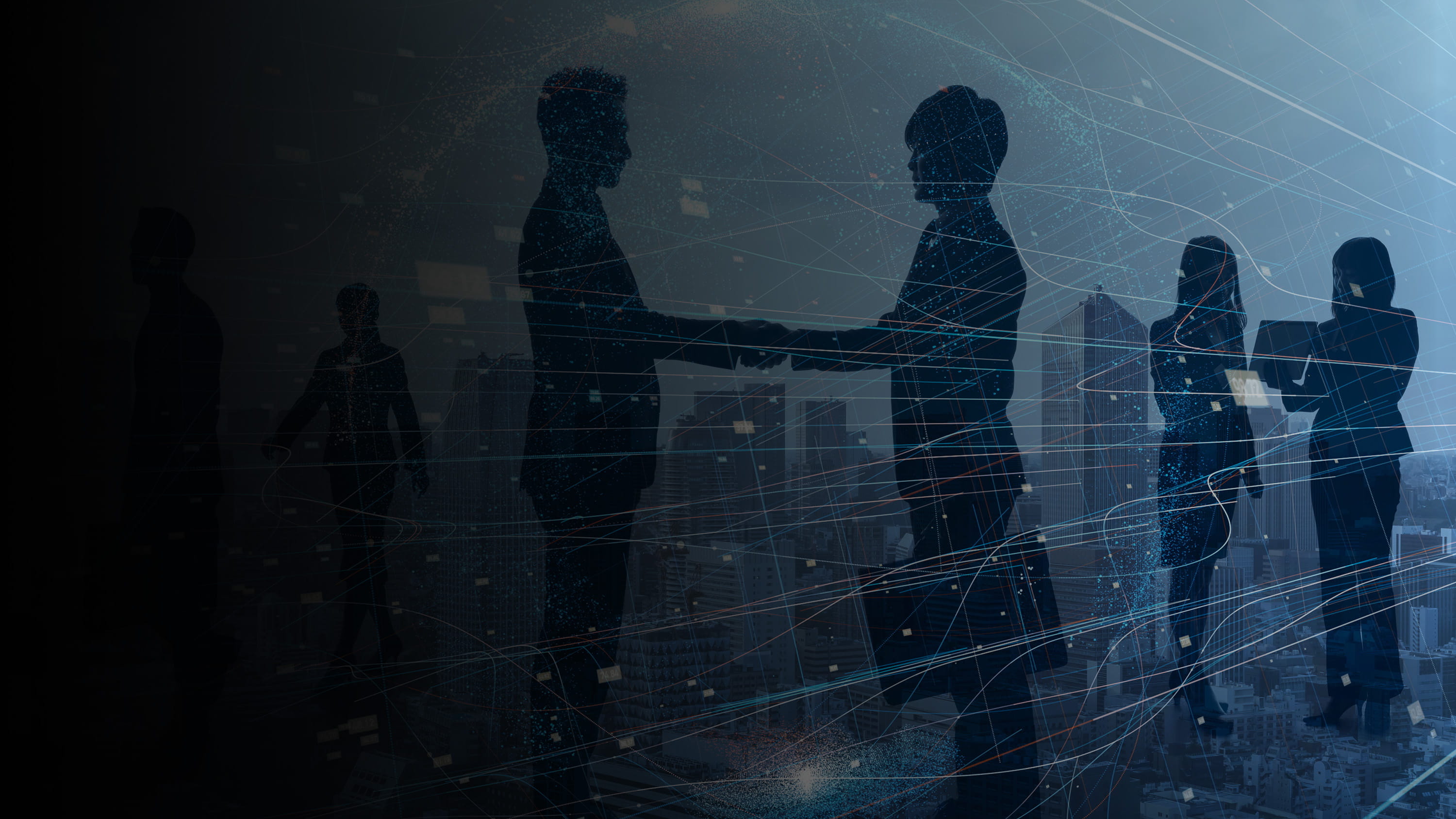 Financial services professionals, handshakes.