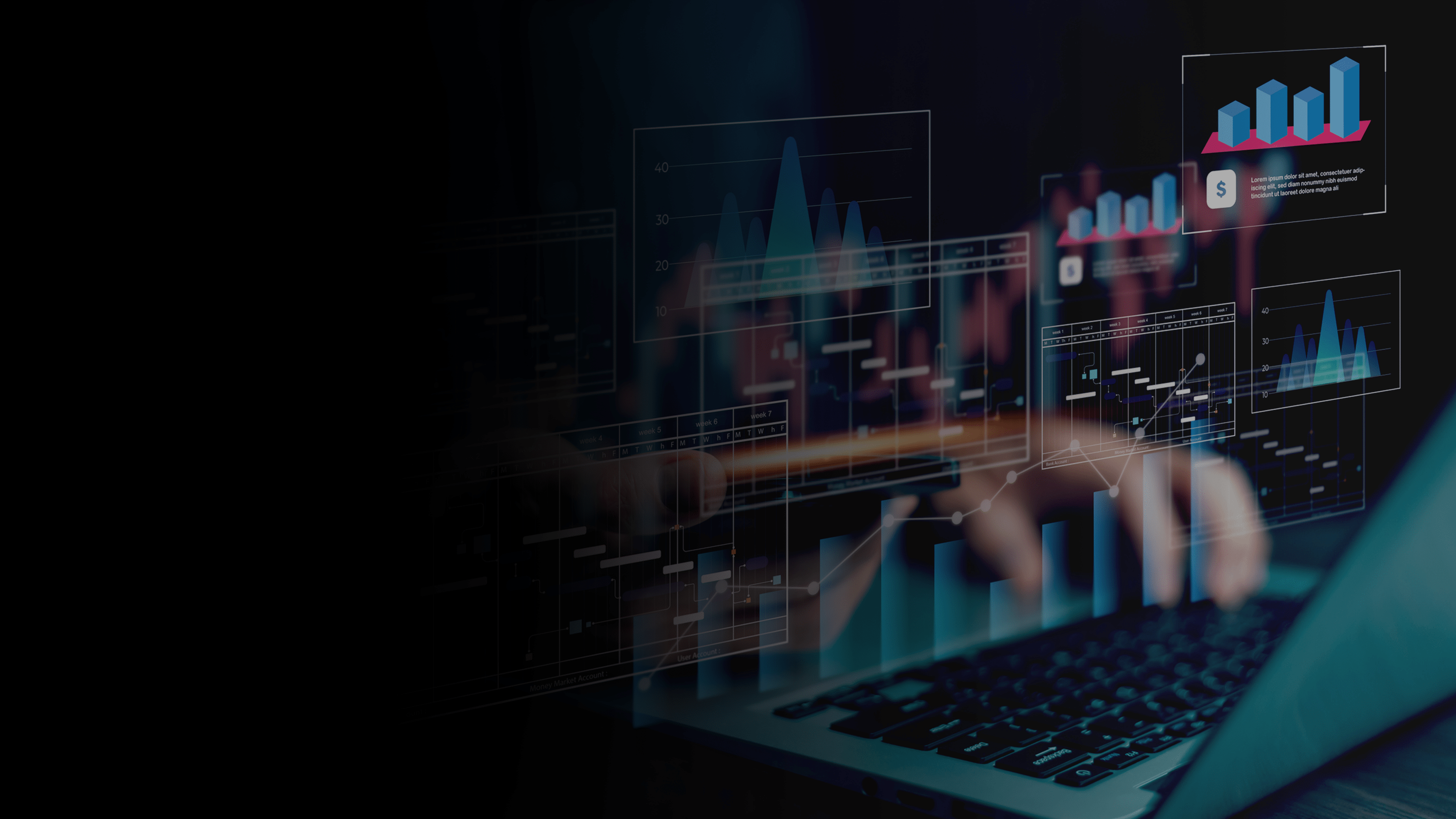 Holographic data dashboard over a laptop. 
