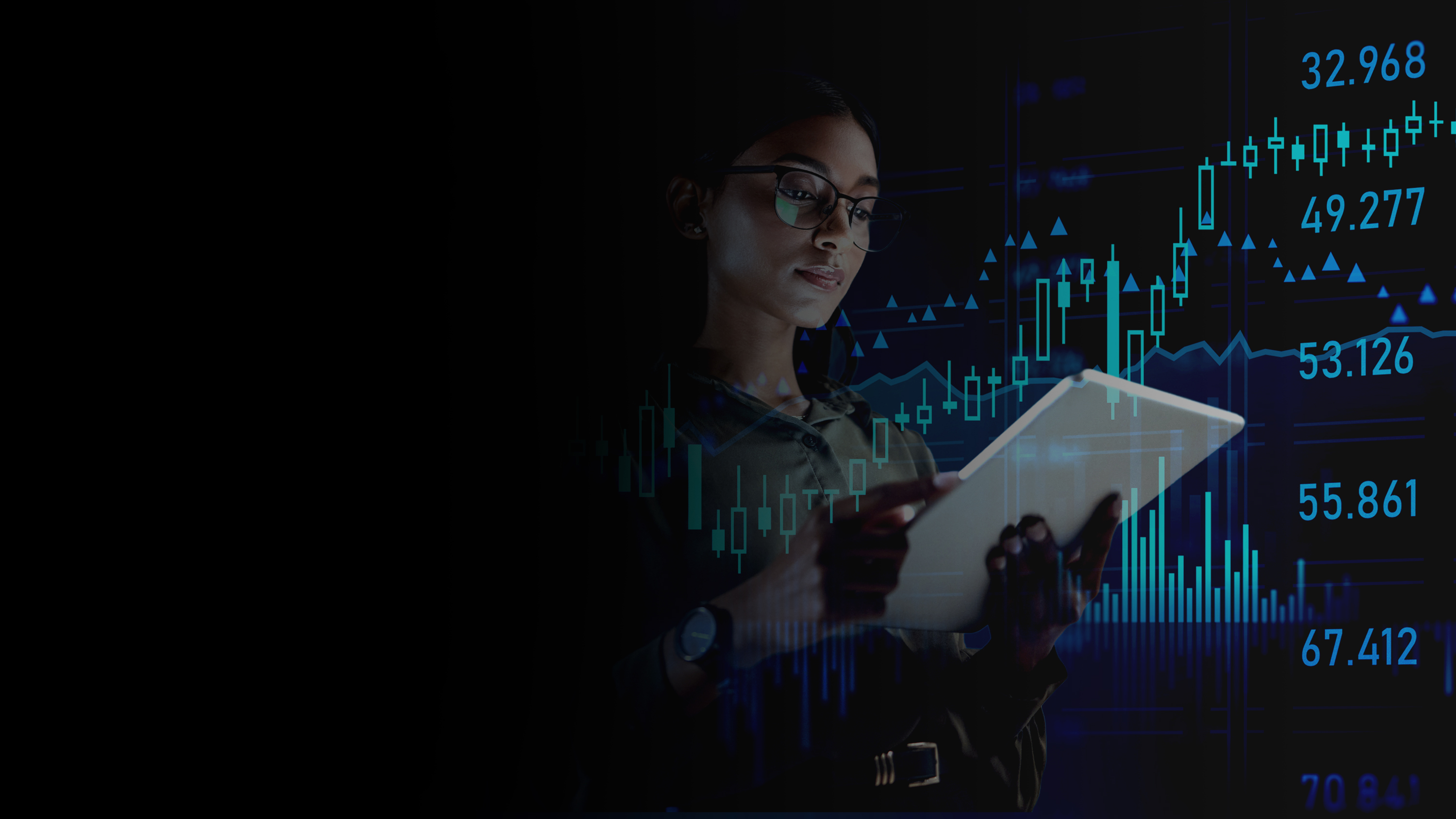 Woman looking at a tablet with graphs floating around her.