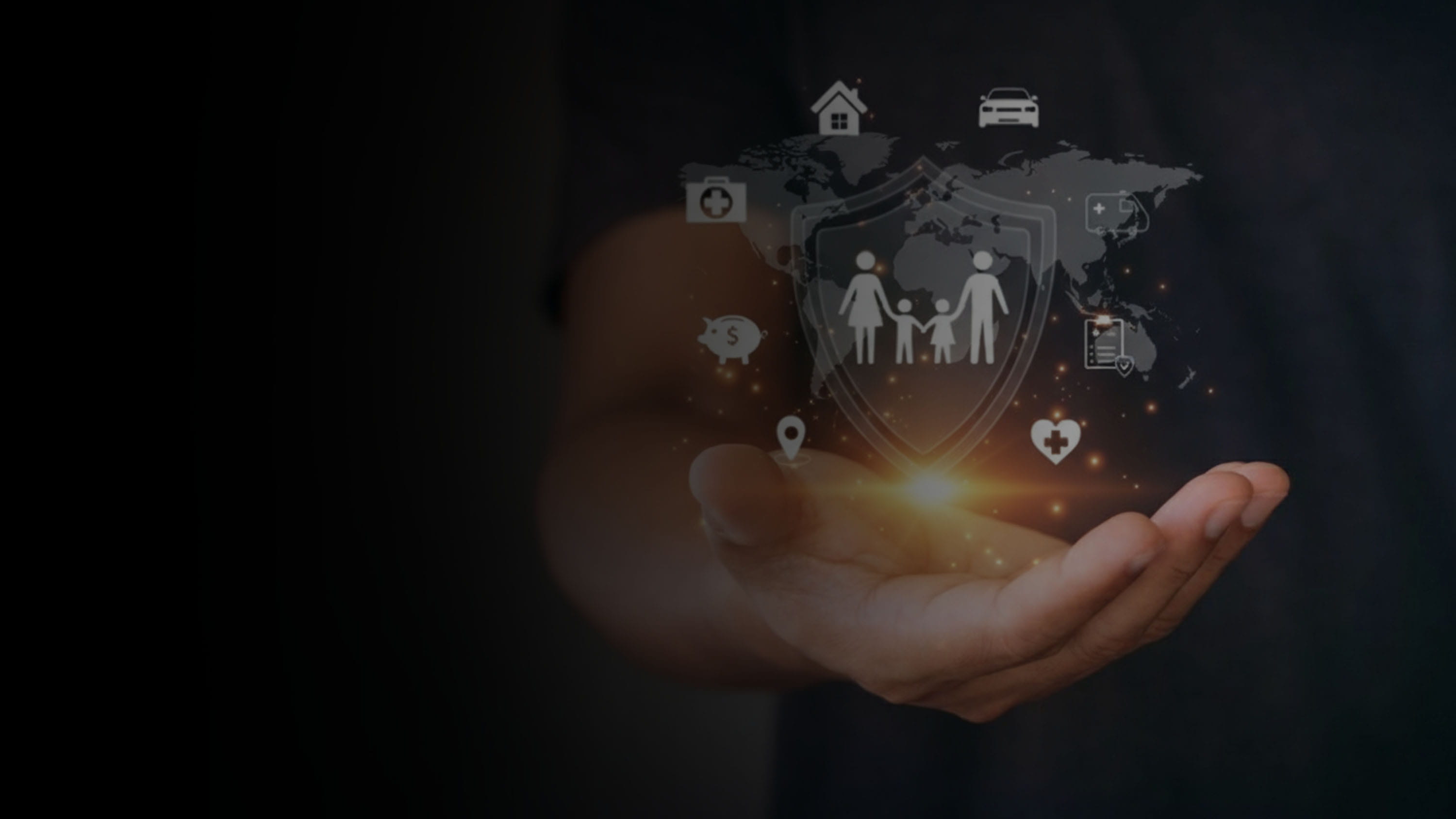 Family icon in a globe floating over a hand