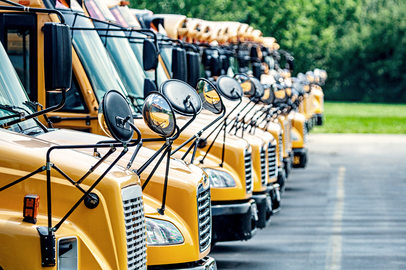 School buses lined up in a parking lot.