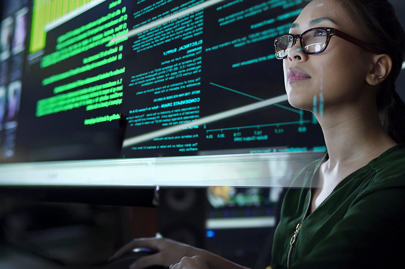 A woman looking at data sets displayed on a clear screen.