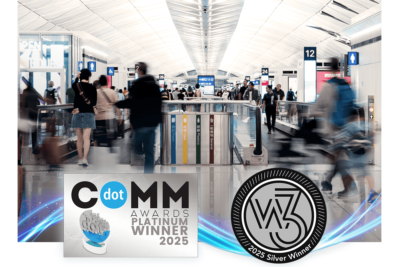 People walking in an airport. Platinum dot comm award and silver w3 award overlays.