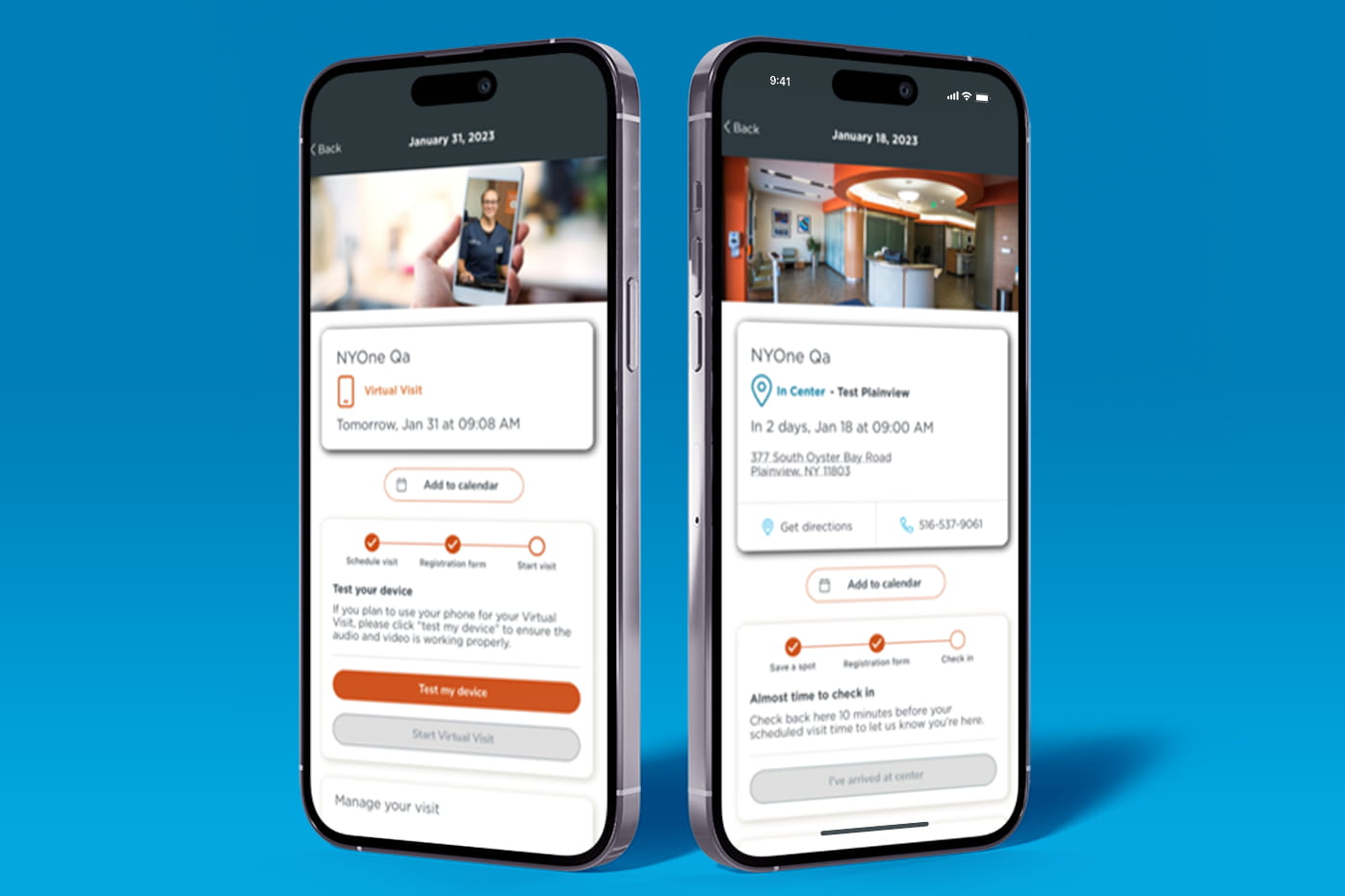 2 smartphones displaying the GoHealth Urgent Care app.