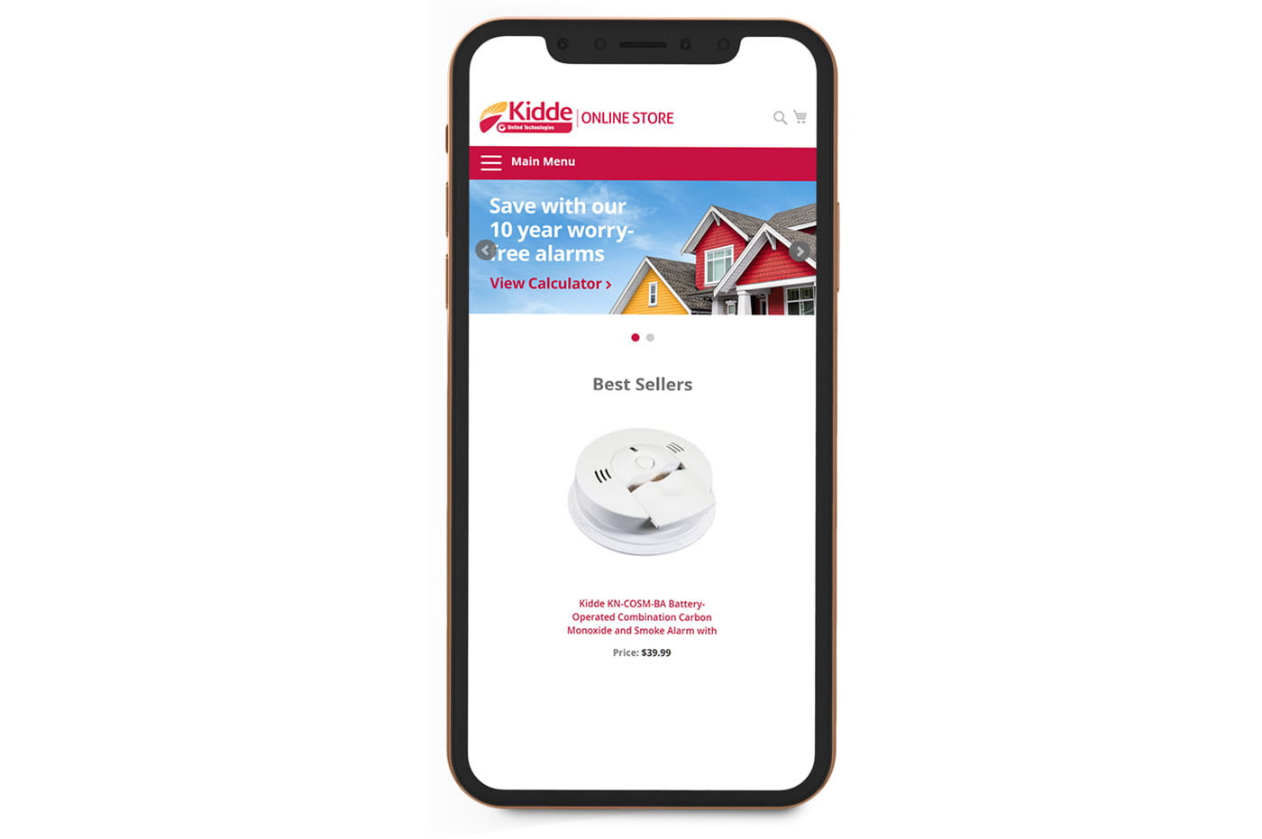 A Kidde online shopping website page on a mobile phone.