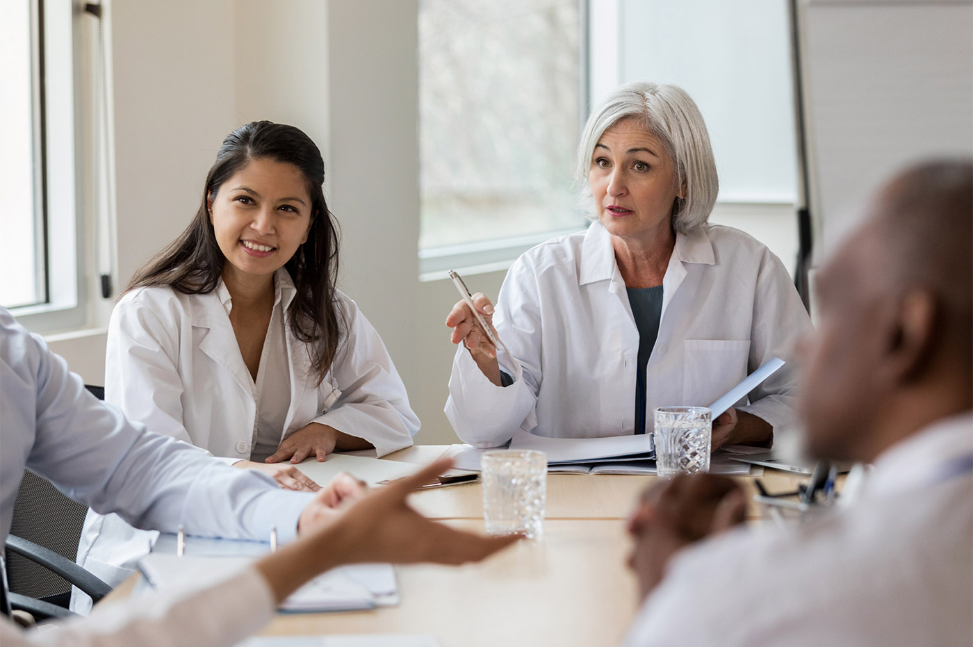 Several doctors having a meeting, one older female doctor is talking.