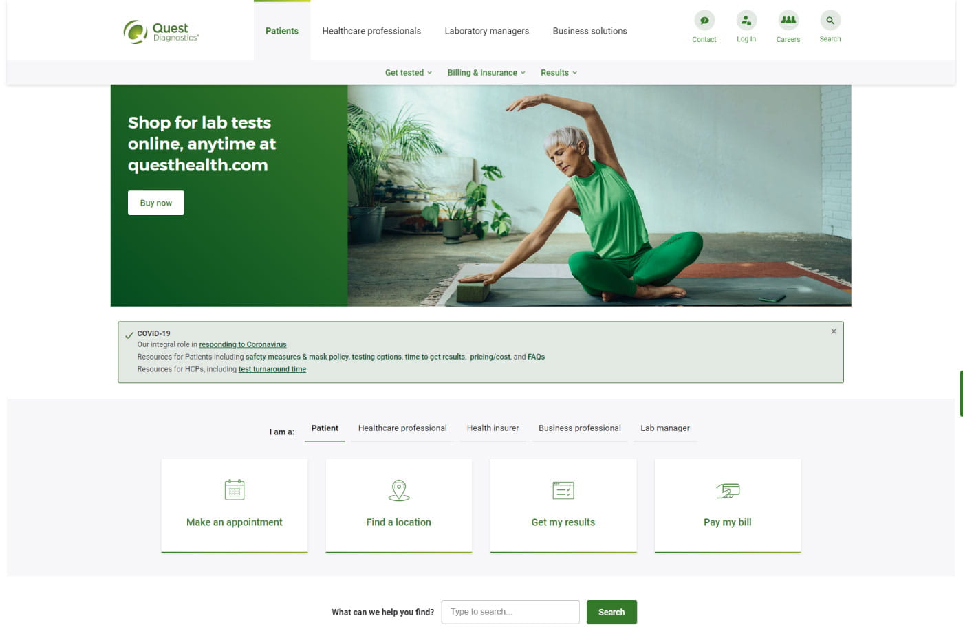 Quest Diagnostics website home page.