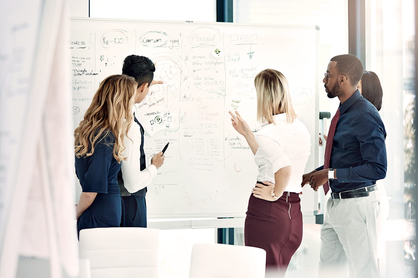 Team strategizing in front of whiteboard.