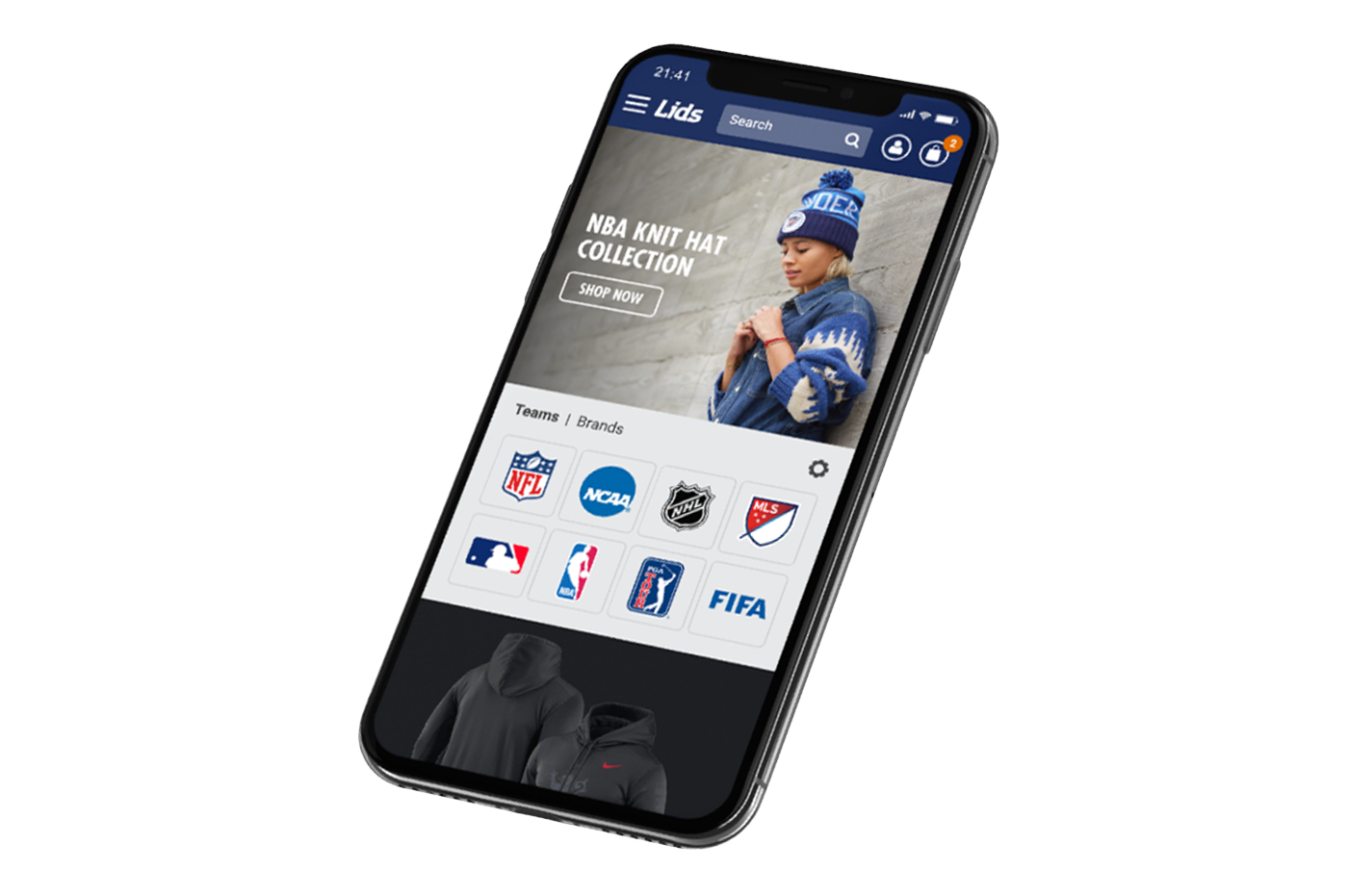 Lids website page with hats on a cell phone.
