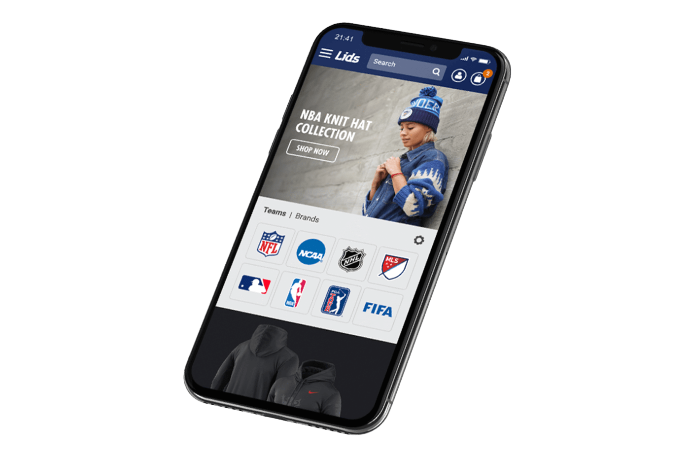 Lids website page with hats on a cell phone.