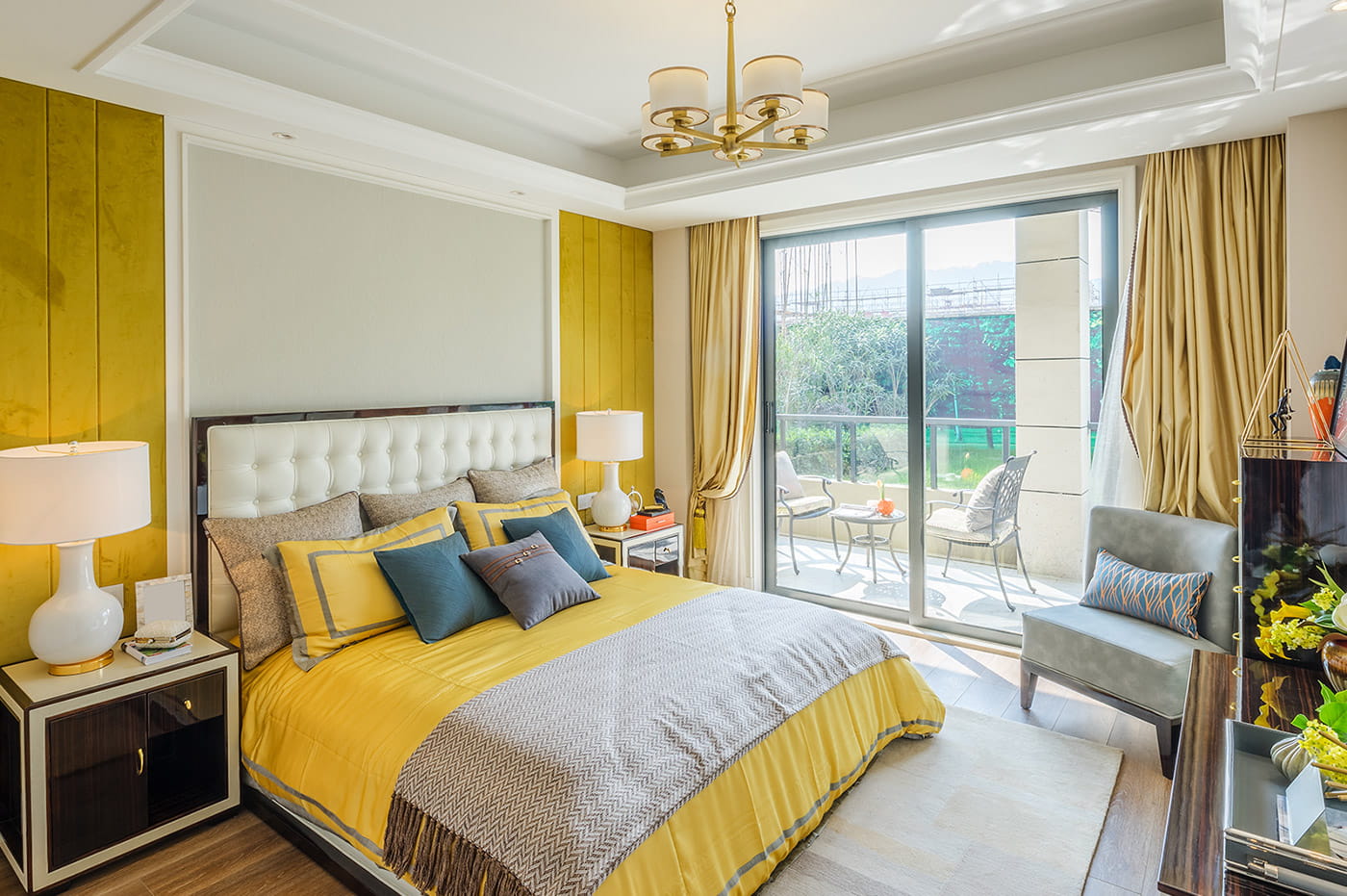 A yellow and blue bedroom.