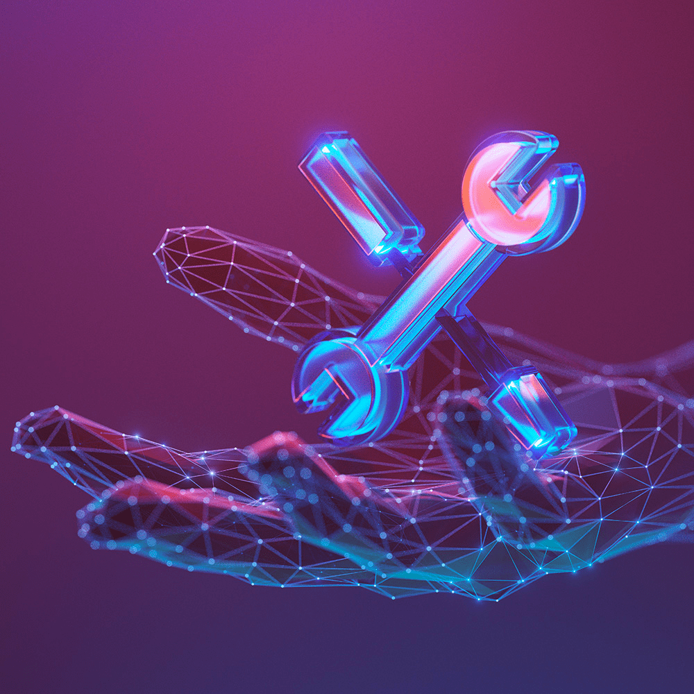 Digital hand holding a wrench and screwdriver.