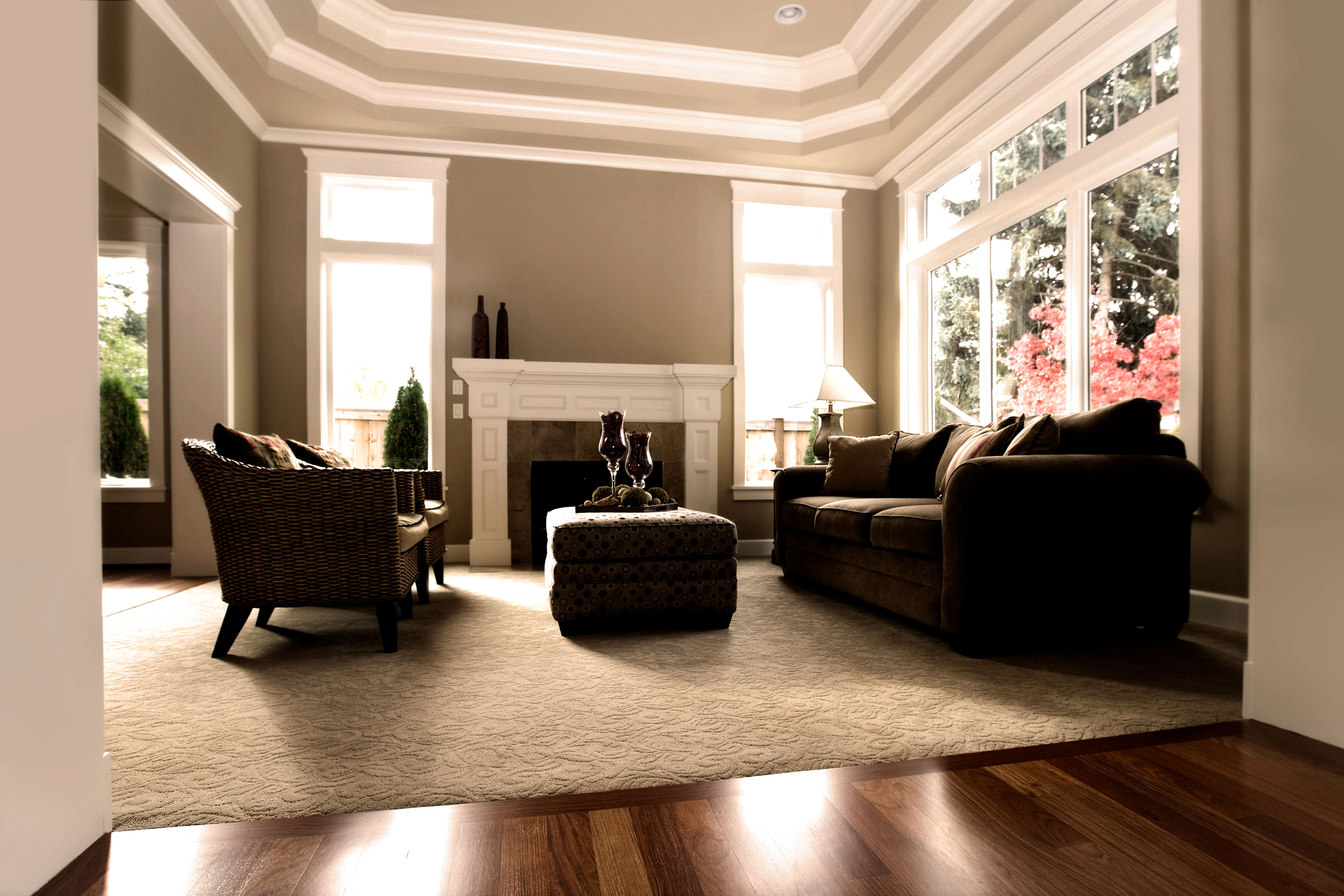 A cream and brown living room.