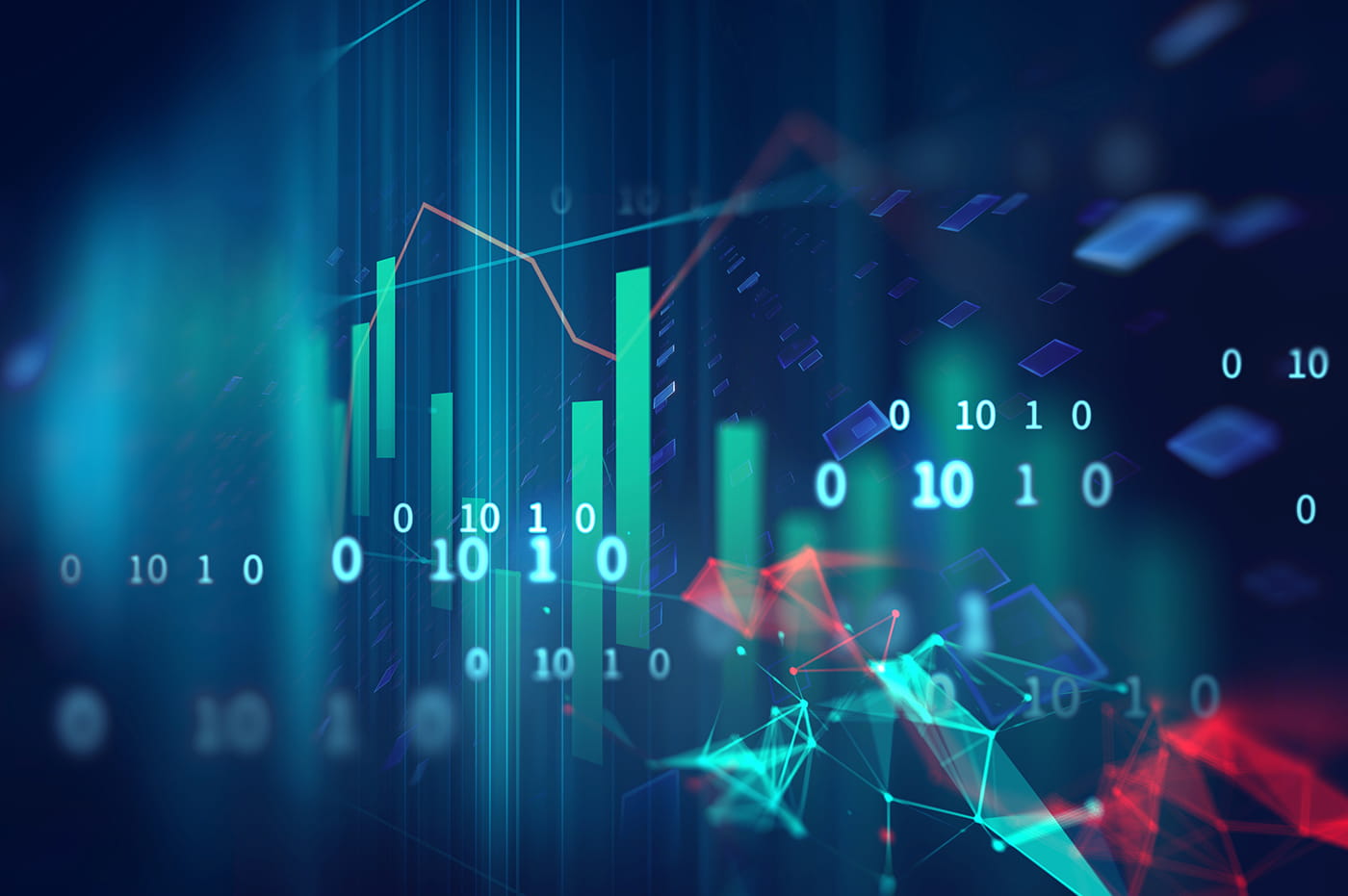 Abstract graphic of different numbers, bar charts, and random shapes.