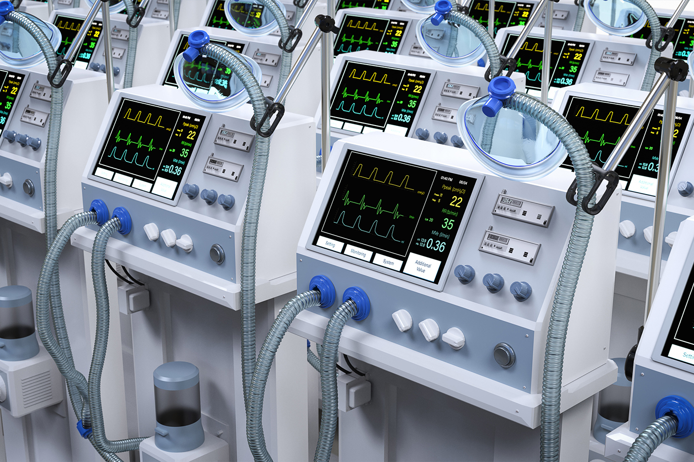Rows of mobile medical devices monitoring vitals