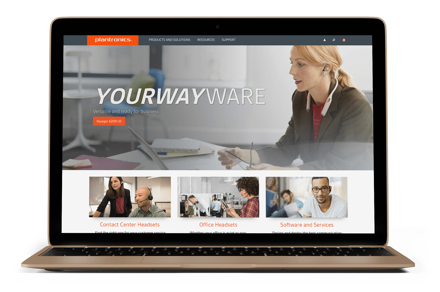Plantronics website homepage on a laptop.