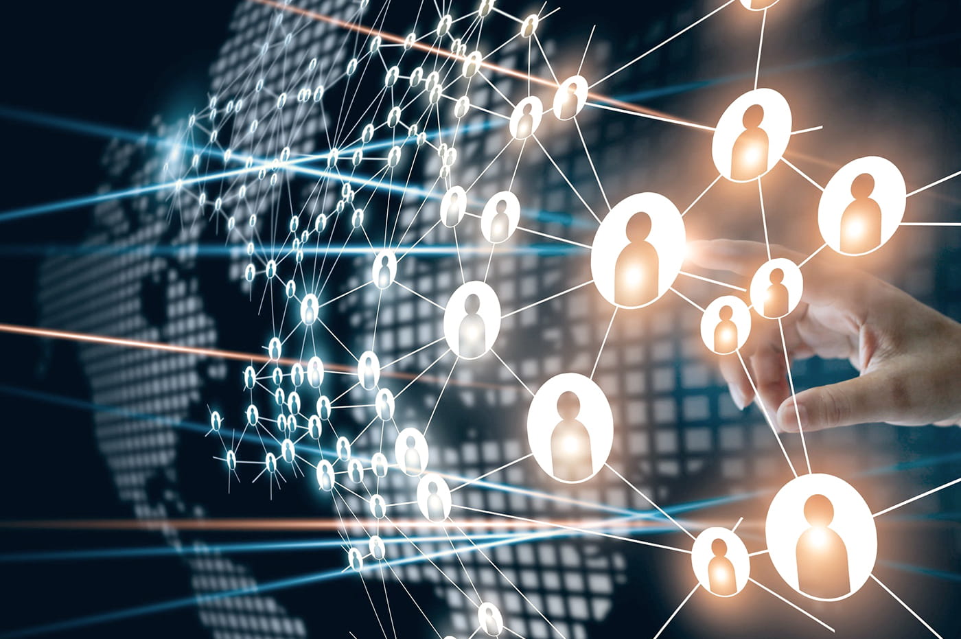 A digital map of the world with people icons that are connecting with one another. 