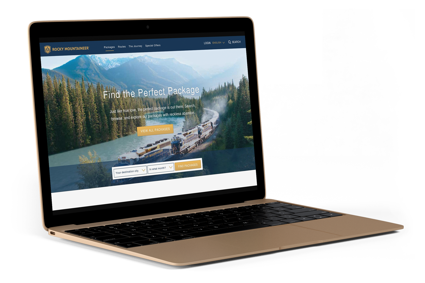 Rocky Mountaineer website homepage on a laptop.