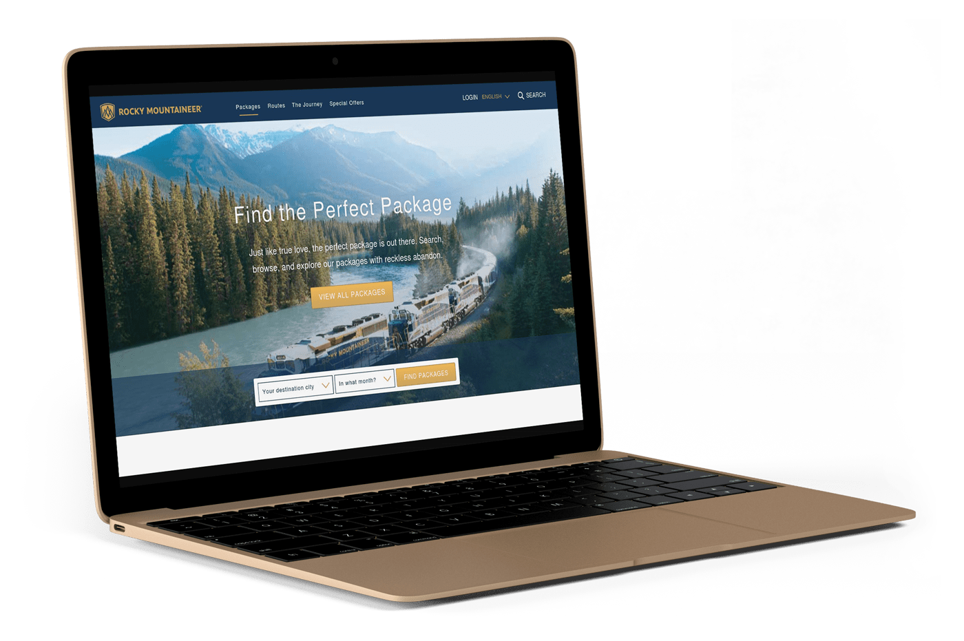 Rocky Mountaineer website homepage on a laptop.