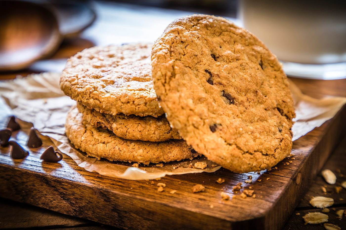 A stack of chocolate chip cookies.