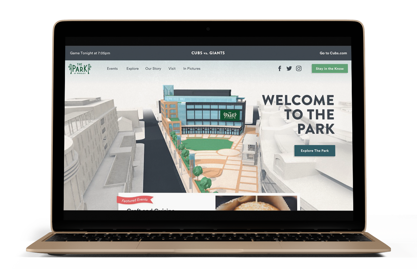 The Park at Wrigley homepage on a laptop.