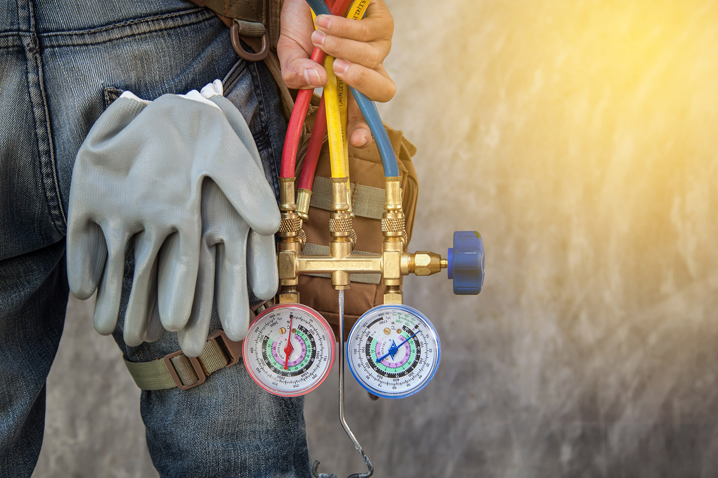 A worker in jeans holding some pressure gauges.