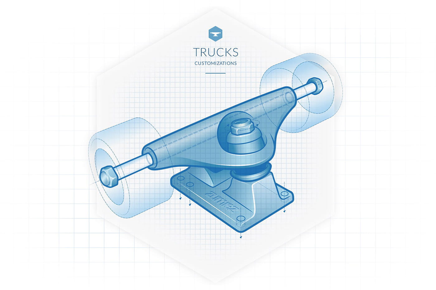 Blueprint design of skateboard wheels and axle. 