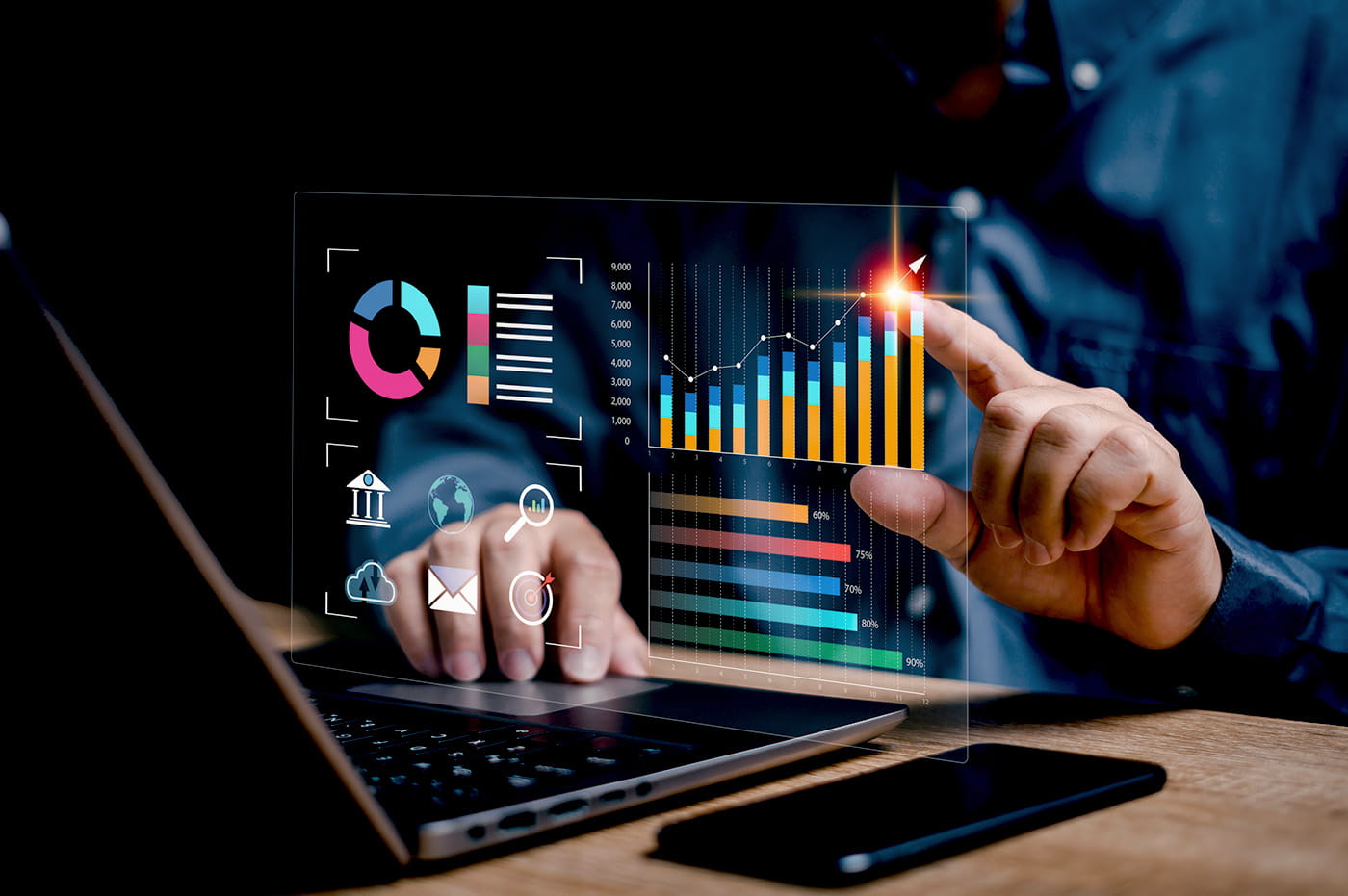 A person touching a floating graph
