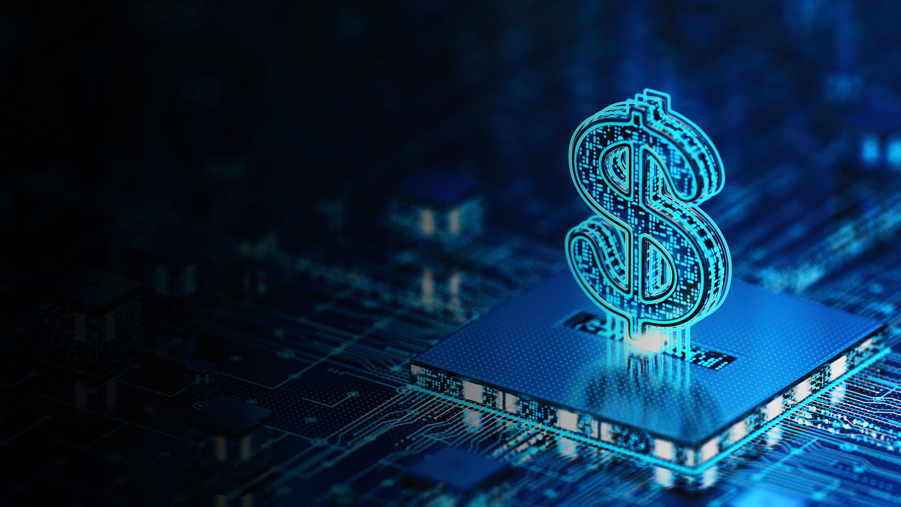 Dollar sign over a computer grid tech art