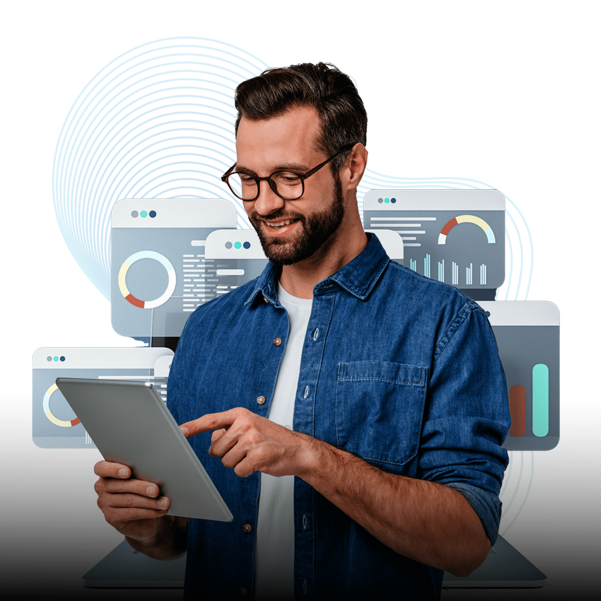 Man looking at a tablet with charts behind him 