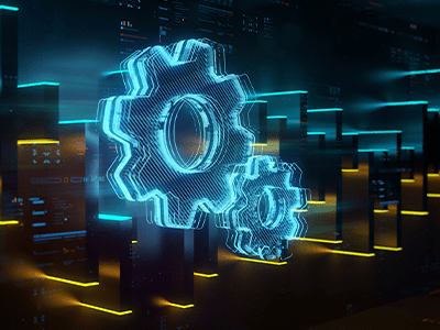 Glowing gears and computer servers