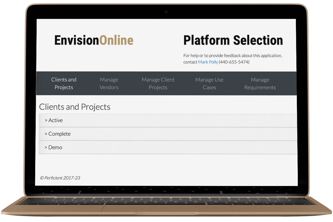 A screenshot of Perficient's Envision Online Platform Select.