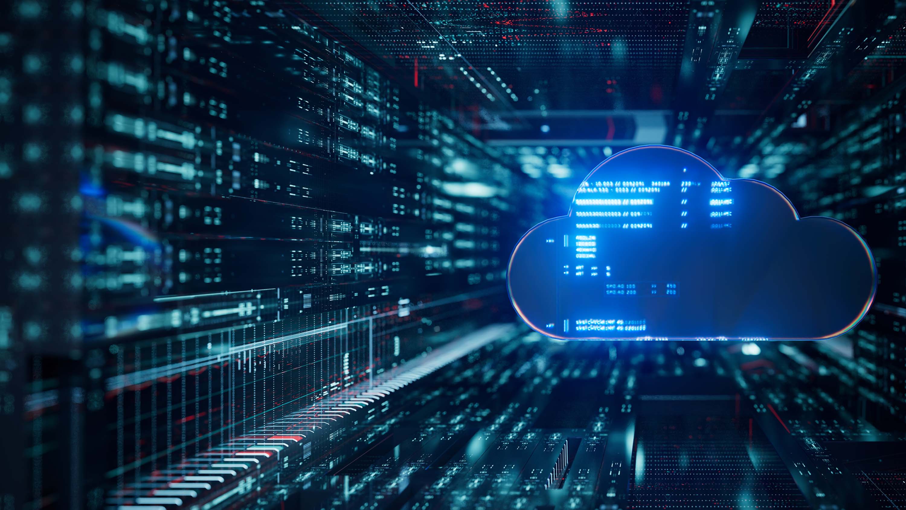 Cloud with abstracted glowing lights, data servers.