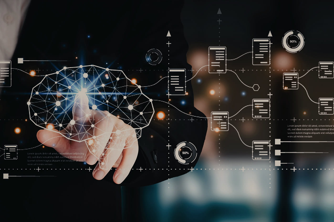 A person pressing on a digital brain with different things appearing next to it