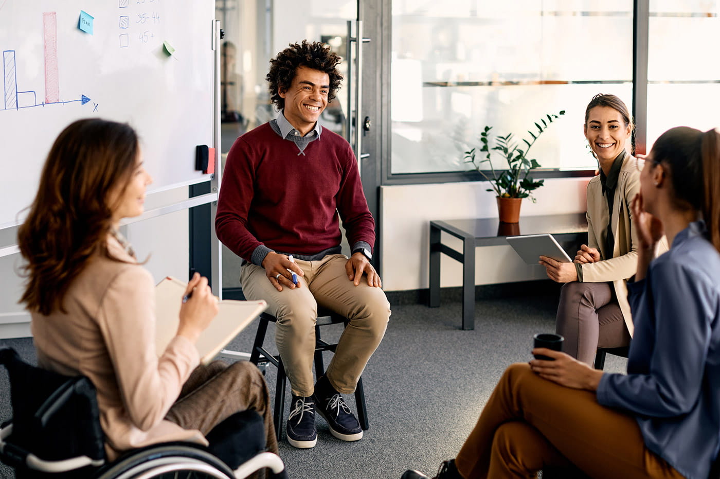 A diverse group of colleagues in a meeting. 