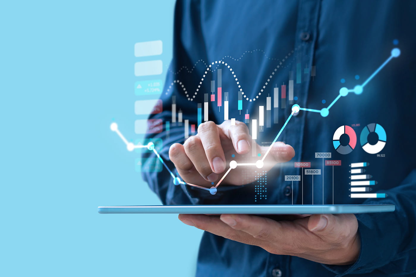 Man using smart tablet to work with data