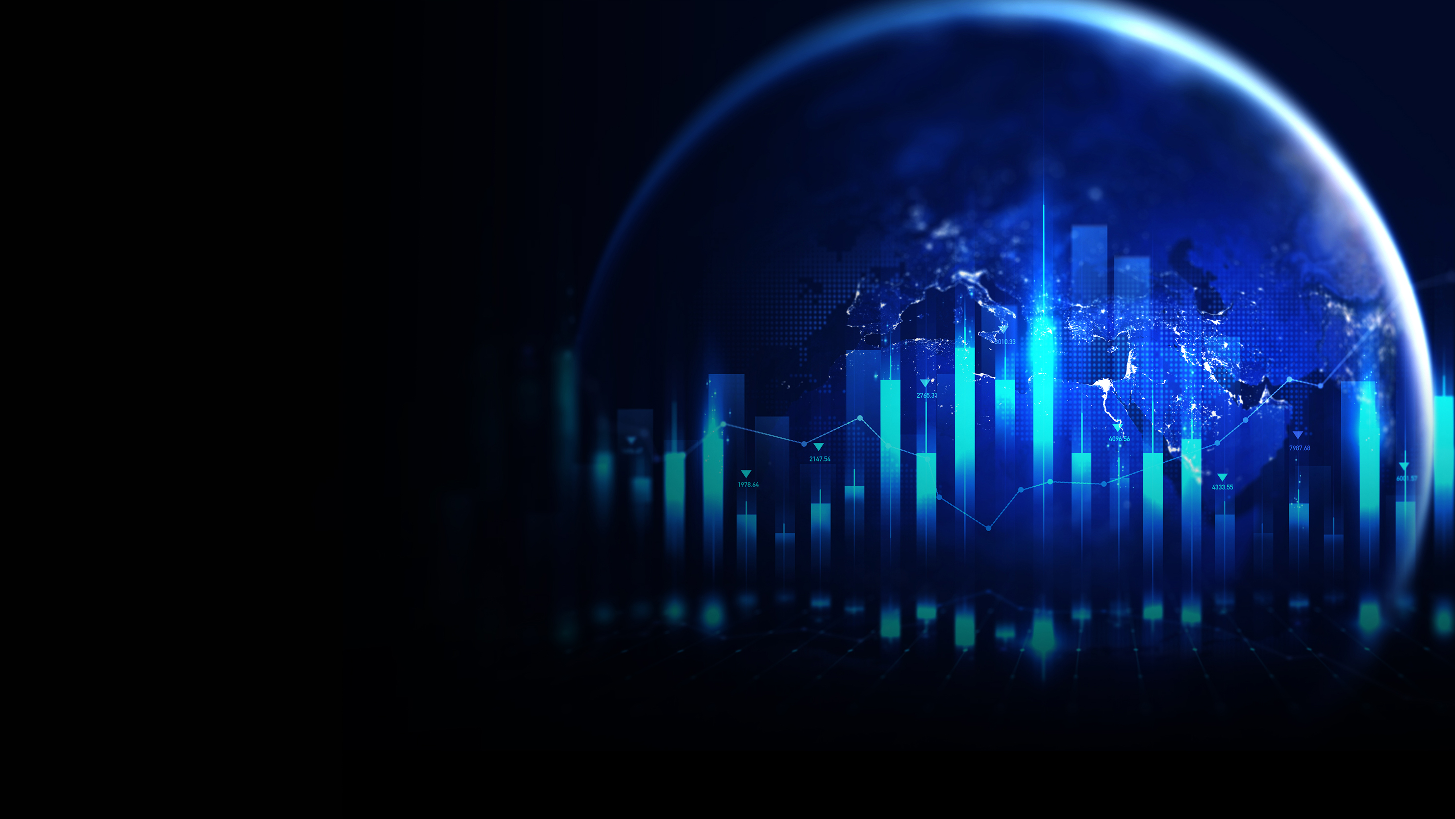 An abstracted globe with data lines and charts.