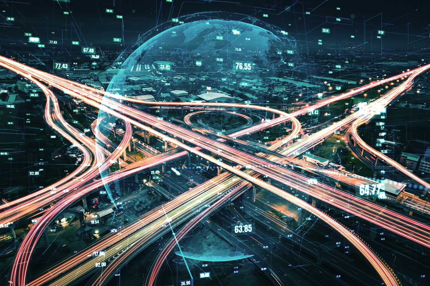 Expressway junction and communication network concept around a digital globe