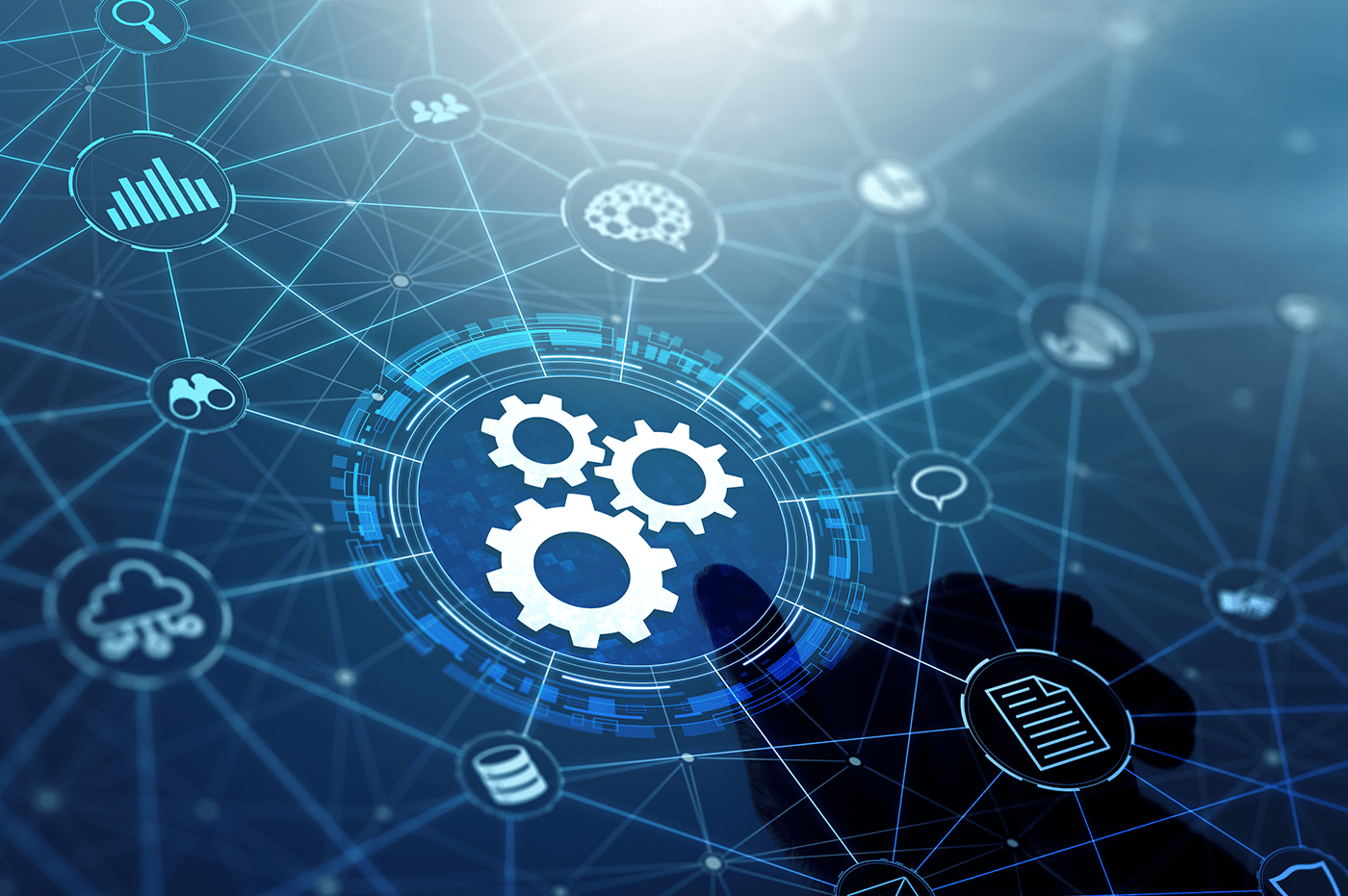 Decorative, blue and white internet symbols and connections.