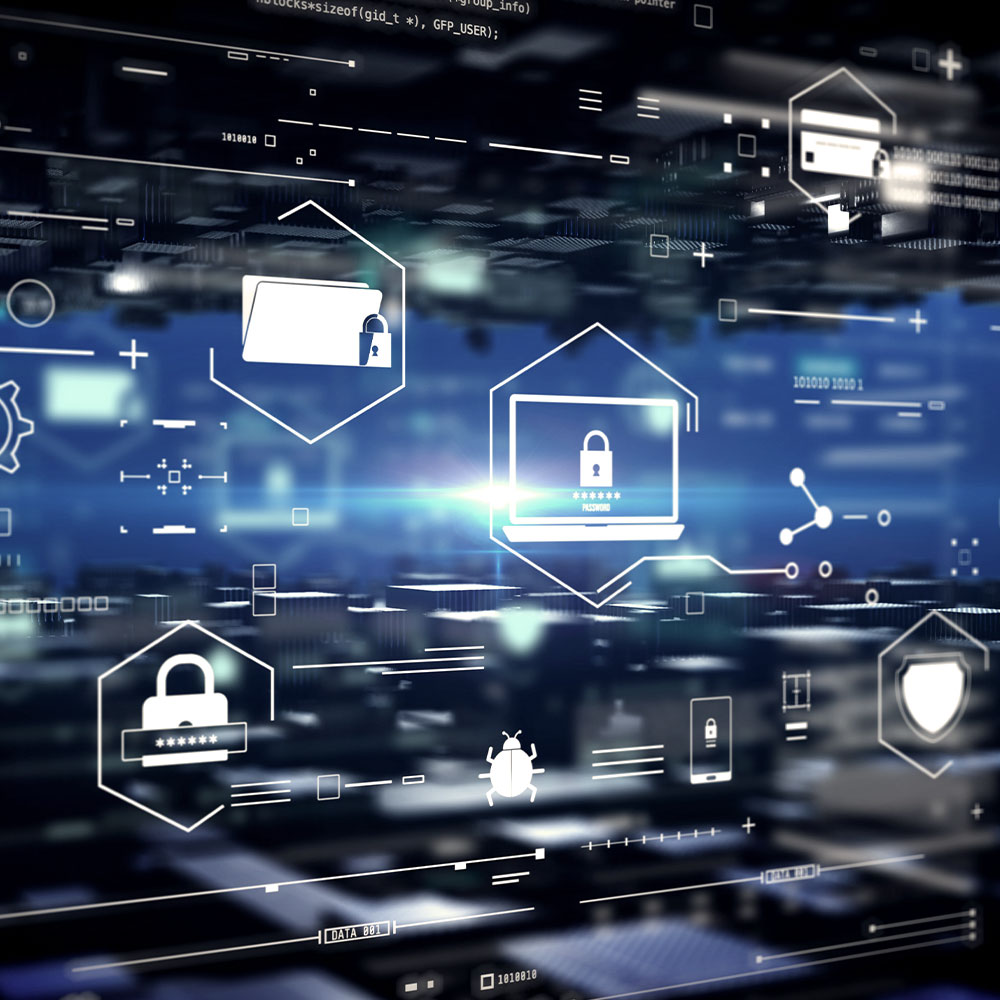 Glowing data lines and hexagons with security symbols.