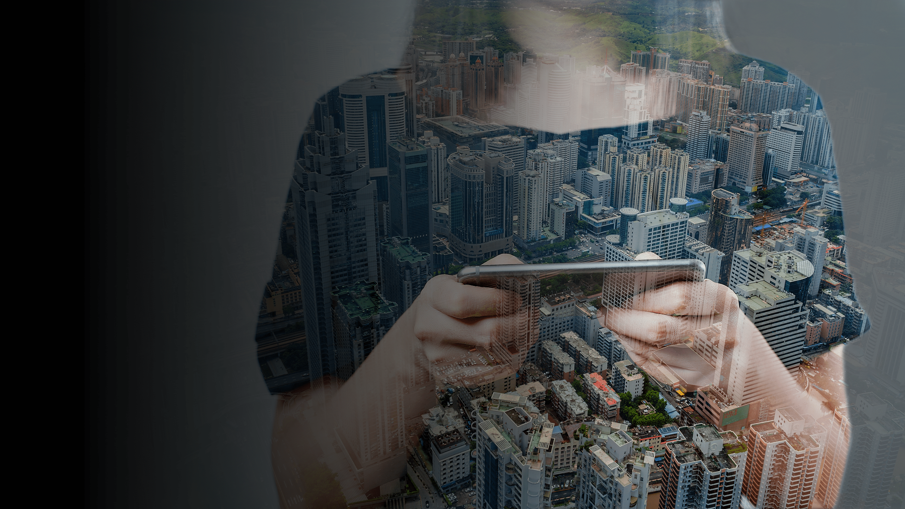 A woman using her phone, gradient background image.