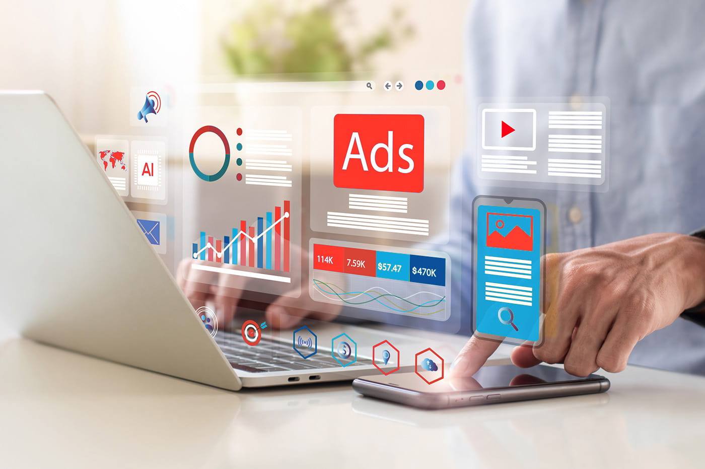 Person using a laptop to work with data and digital ads