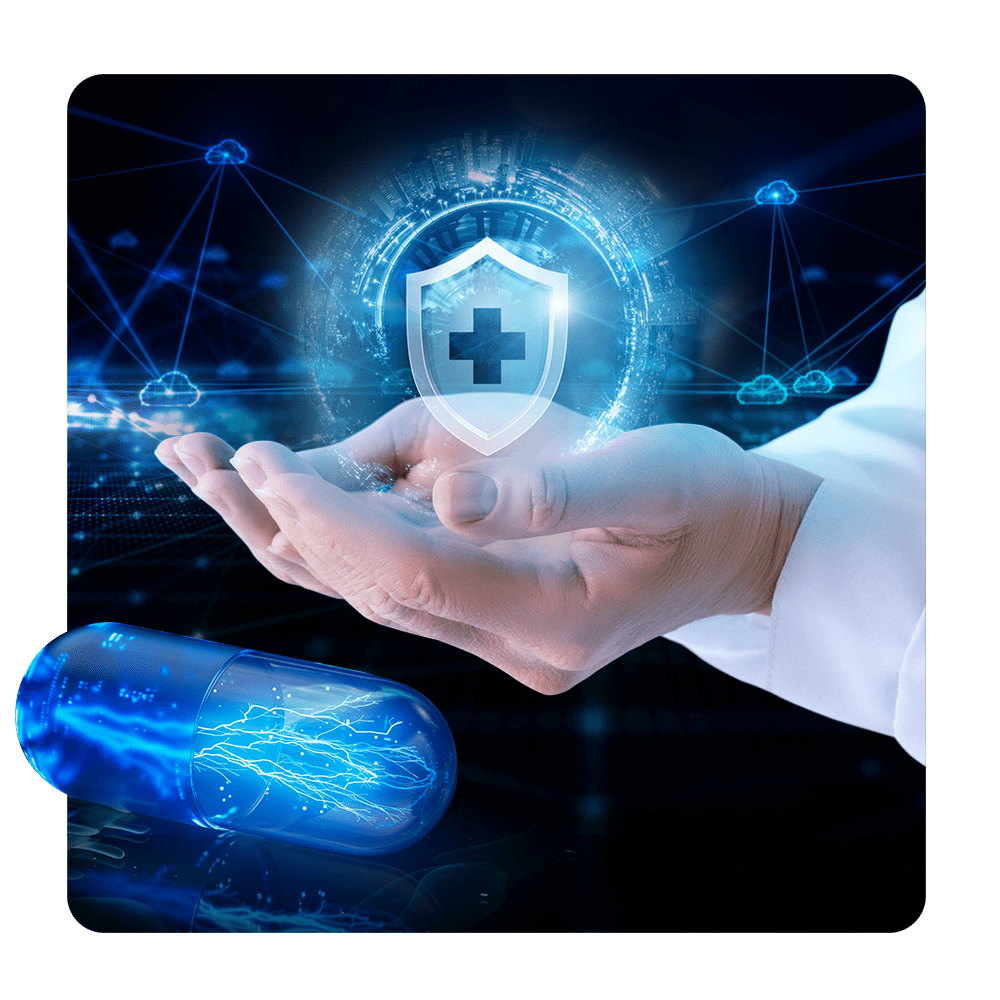 Hand holding a floating healthcare symbol in a shield