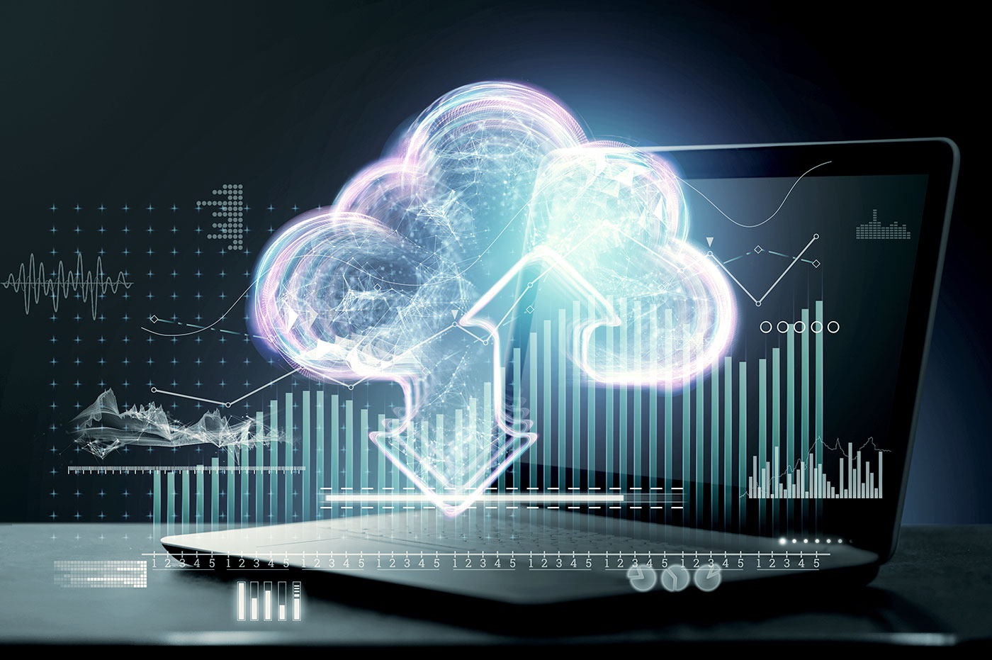 Styelized image of a cloud with technical graphs and symbols hovering over a laptop.